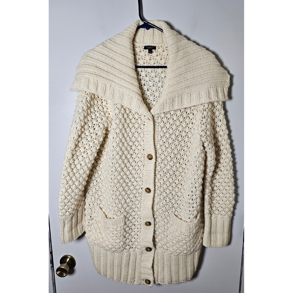 Talbots Cream Wool Alpaca Blend Shawl Collar Chunky Knit Cardigan Sweater Sz L